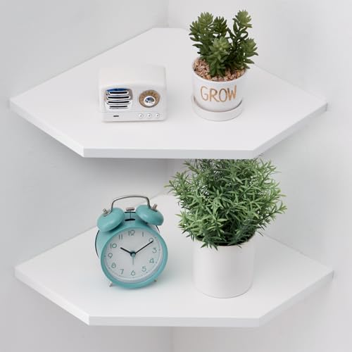 Corner Wall Shelves Set 2 Wire Hole Solid Oak Wood Display Shelf ,White