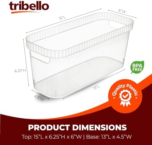Tribello Narrow Storage Bins – Slim, Clear Plastic Storage Basket, Clear Organizer for Tight Spaces (2 Pack, 15” x 6” x 