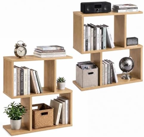GIANTEX 3-Tier Wood S-Shaped Geometric Bookshelf Set of 2, Natural