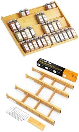 SpaceAid Bamboo Spice Drawer Organizer and Bamboo Drawer Dividers with Inserts and Labels, Kitchen Adjustable Drawer Org