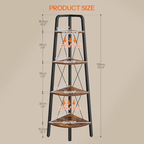 HOOBRO Corner Shelf, 4-Tier Corner Shelf Stand, 53.5" Tall Ladder Bookshelf, Industrial Corner Display Shelf Plant Stand