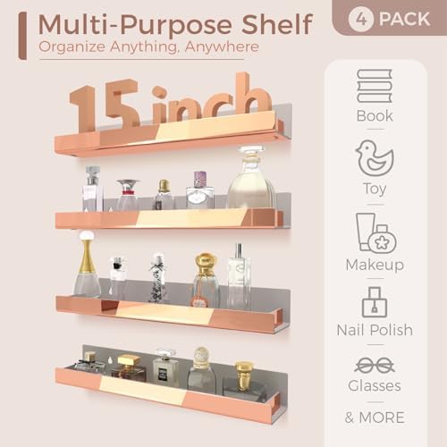 4 Pack 15 Inch Rose Gold Reflective Acrylic Floating Wall Shelves