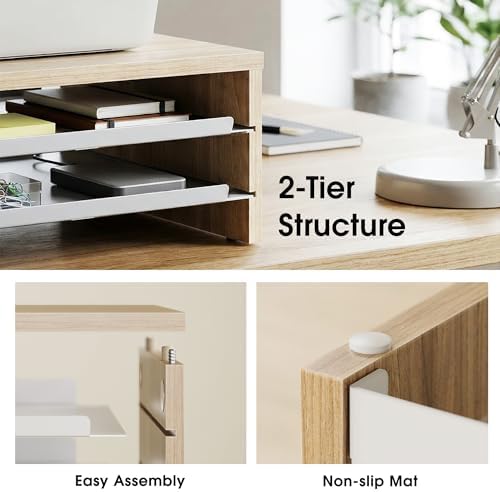 Fenge 14.3-Inch Monitor Stand with Slide-Out Trays, Wood & Metal Desk Shelf
