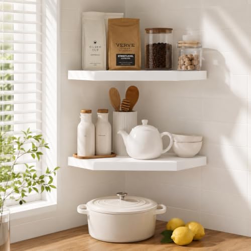 Floating Corner Wall Shelf, White MDF Display Shelf with Cable Management