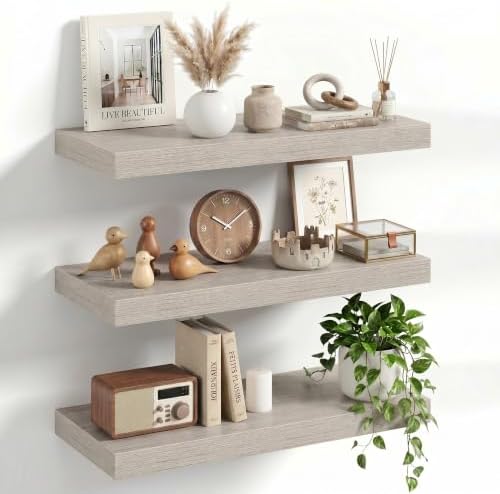20" Floating Shelves for Wall, Set of 3, 8" Deep, 1.5" Thick, Gray
