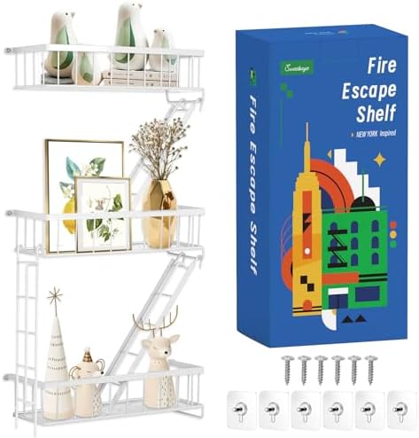 SweetSage Fire Escape Shelf - 3 Tier White Wall Display Floating Shelves, Metal Decorative Shelving for Bedroom, Home Dé