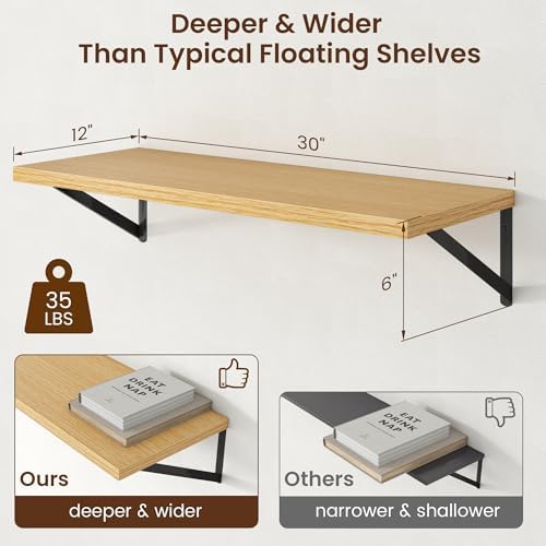 Axeman Deep Floating Shelves - 30 Inch Floating Shelves Set of 2-12 Inch Deep Oak Wall Shelves for Living Room Bathroom 