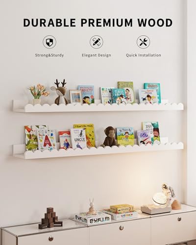 Shario Nursery Book Shelves, 4-Pack White Floating Shelves for Wall Kids, Scalloped Shelves, Wall Book Shelves for Bedro