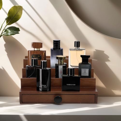 4 Tier Men's Cologne Organizer, Walnut Brown Wood Display Stand with Drawer