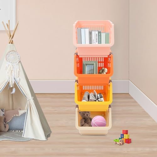 4 Pcs Stackable Storage Baskets, Compact Rolling Storage Baskets Set, Small Stackable Organizer Bins for Kitchen Bedroom