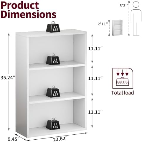 Book Shelf,3-Tier Bookshelf Storage Shelves, 35 Inch Bookcase