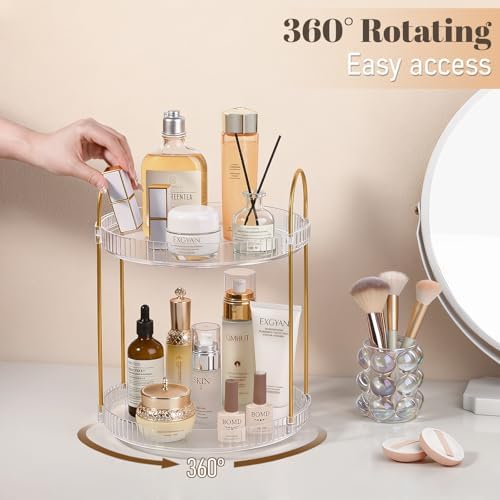 360° Rotating Makeup Organizer Large Capacity Perfume Tray, 2 Tier, Clear