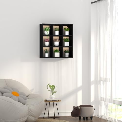 Helsin 9 Grid Vintage Coffee Mug Display Rack, 16inch Wall Mounted Wooden Curio Shadow Box Shelf, Cup Floating Shelves D