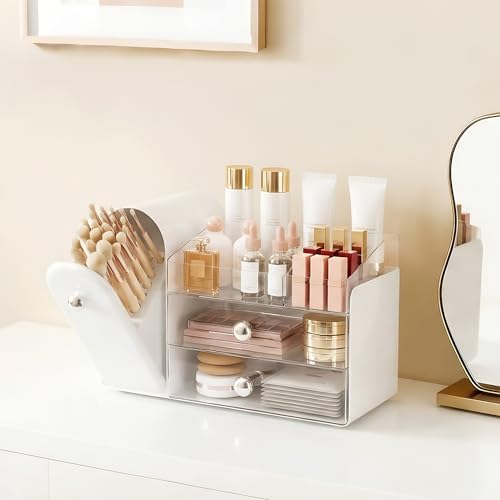 lurcns Makeup Organizer with Dustproof Brush Holder for Vanity, Large Cosmetics Organizer and Bathroom Countertop Skinca