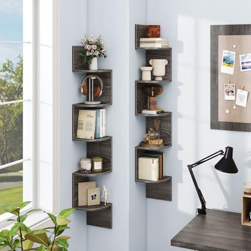 GOFLAME Corner Shelf Wall Mounted, 5-Tier Floating Corner Bookshelf, Wood Plant Stand, Modern Floating Display Rack for 