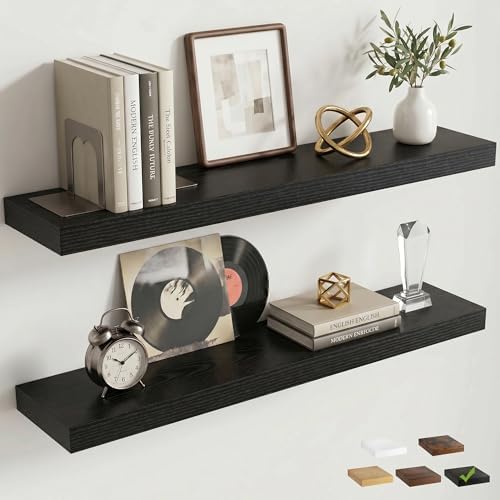32 Inch Floating Shelves for Wall, 6.5"D Wood Storage Shelves, Black Finish