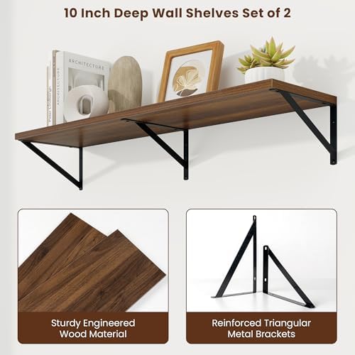 Axeman Deep Floating Shelves, 40'' x 10'' Walnut Wall Shelves Set of 2