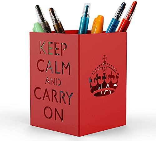 Mango Steam Metal Pen Holder, Makeup Brush Cup Organizer for Office, Bathroom, Vanity (Keep Calm, Red)