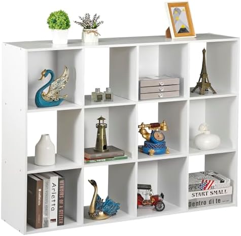 Nouva 12-Cube Storage Organizer Bookcase Shelf, Freestanding Open Wooden Cubical Display Bookshelf with 6 Removable Back
