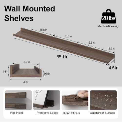 Walnut Floating Shelves for Wall Decor, 56 in Shelf with Lip, 2 Set