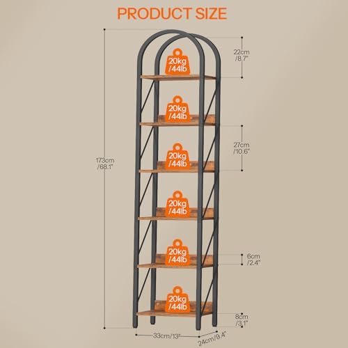 HOOBRO Bookshelf, 6-Tier Arched Bookshelf, Industrial Bookcase with Metal Frame, Tall Book Shelf Storage Organizer for L