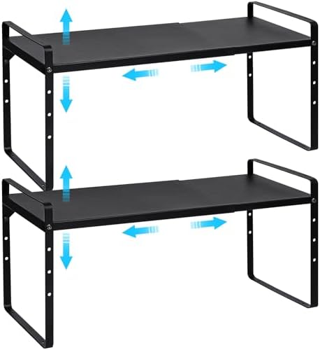Set of 2 Expandable Cabinet Shelf Organizer, Stackable Kitchen Countertop Shelves Spice Racks, Small Metal Storage Shelf