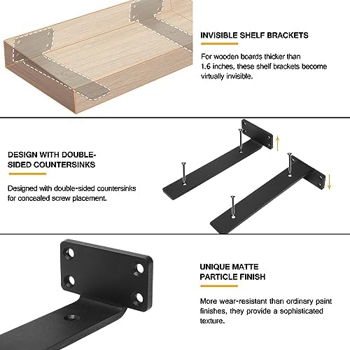 HITOMEN Heavy Duty Floating Shelf Brackets, 10-Inch (1/5'' Thick) Hidden Shelves Hardware, Iron L Brackets, Rustic Indus