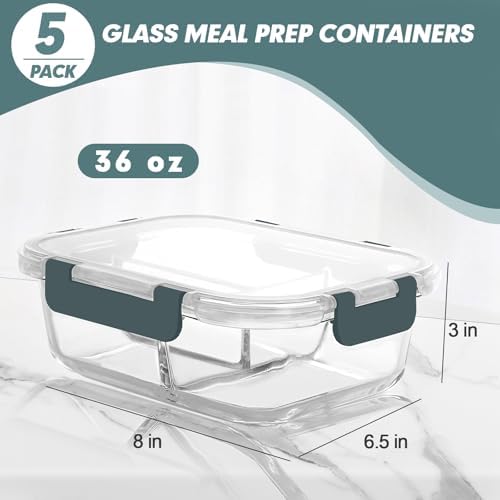 KOMUEE Glass Meal Prep Containers 3 Compartments, 5 Pack 36 oz