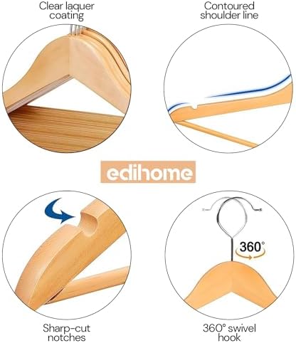 Wooden Clothes Hangers, Set of 50, Solid Wood Hangers, Non-Slip Trouser Hook, Notches in Shoulder Area, 360° Rotating Ho