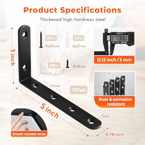 WINKER Corner Brace 16Pcs Shelf Bracket Heavy Duty Black Steel L Corner Brace, Decorative Joint Angle Bracket for Shelf 