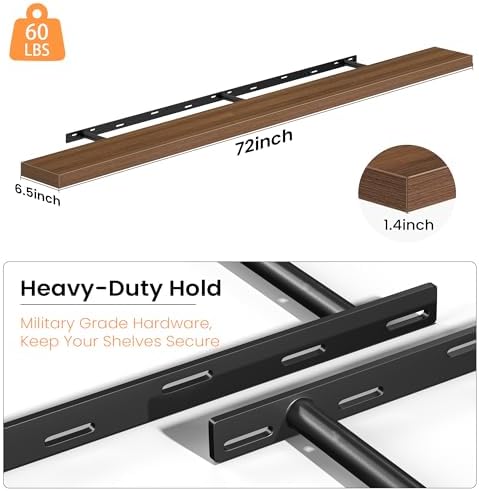 Fun Memories Floating Shelves for Wall 72 Inch, Set of 2 – Wall-Mounted Storage & Display Shelf with Invisible Bracket, 