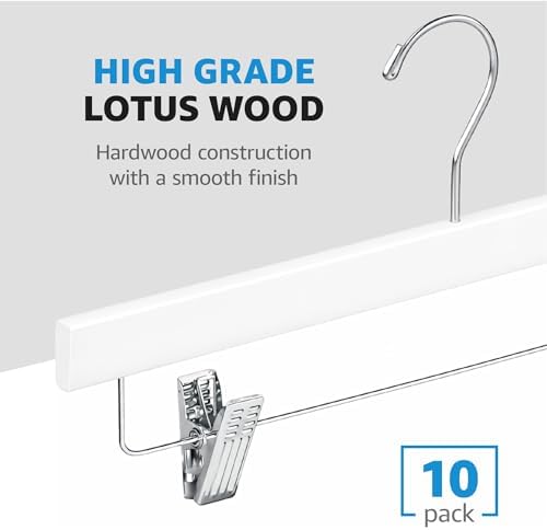 ZOBER Wooden Pants Hangers with Clips, Clothes Hangers, White, 10 Pack