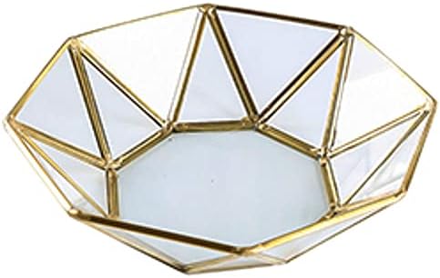 Octagonal Disc Vintage Gold Mirror Glass Vanity Tray,Ornate Geometric and Brass Plated Display Storage Organizer for Mak
