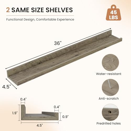 Dreamland Picture Ledge Shelf for Wall, Floating Shelves Set of 2,36 inch Long Floating Shelves with Lip for Living Room,Bedroom,Bathroom,Kitchen,Grey