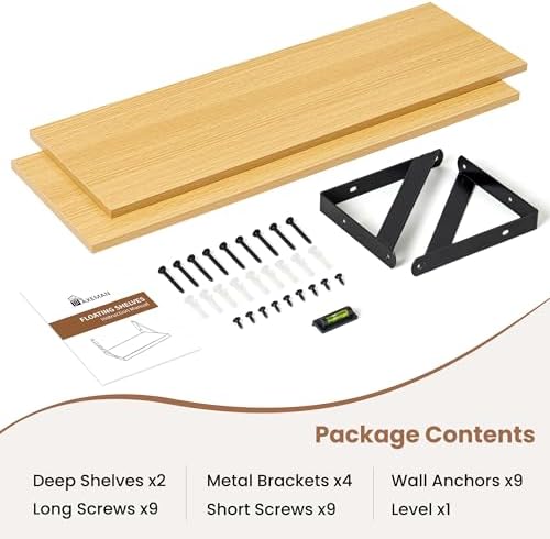 Axeman 24 Inch Floating Shelves, 8 Inch Deep Oak Wall Shelves Set of 2