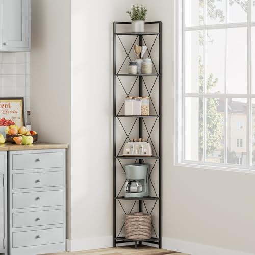 6 Tier Corner Shelf Stand, 78" H Tall Corner Bookshelf, Black