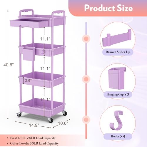 SUNALLY Makeup Cart Organizer with Drawer,4 Tier Rolling Makeup Cart,Purple