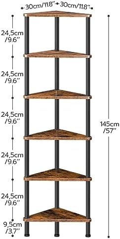 HOOBRO Corner Shelf Stand, Industrial 6-Tier Wall Corner Bookshelf with Metal Frame, Plant Display Shelf, Bookcase for S