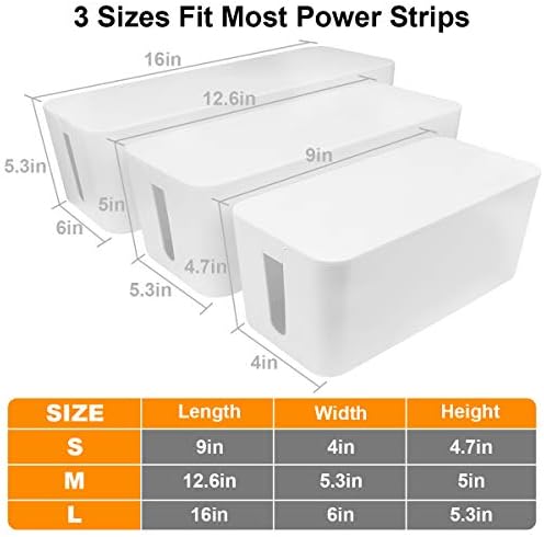 DUNCHATY Cable Management Box 3 Pack - Cord Hider & Power Strip Cover for Desk TV Computer - Child Pet Safe ABS Wire Org