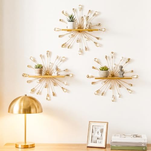 Yaocom 3 Pcs Bling Crystal Floating Shelves Metal Starbursts Wall Decor Folding Shelf Gold Corner Shelves Hanging Wall M