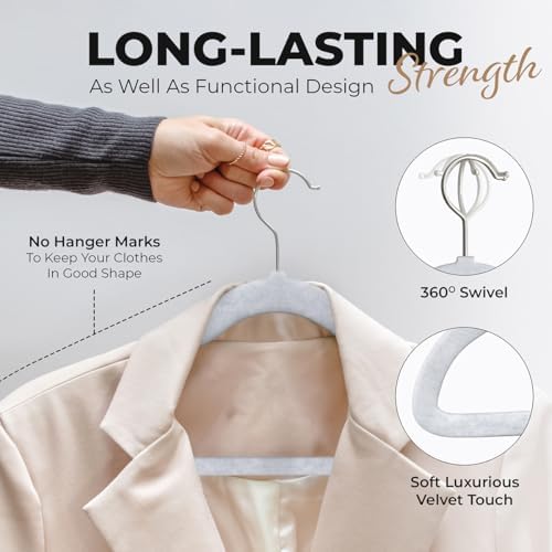 Our Modern Space 50 Pack Velvet Hanger for Shirt Pants Dresses Skirts Suits Jackets - Slim Space Saving Design - Standard Coat Hanger - Sturdy & Durable Design with Shoulder Grooves Hook