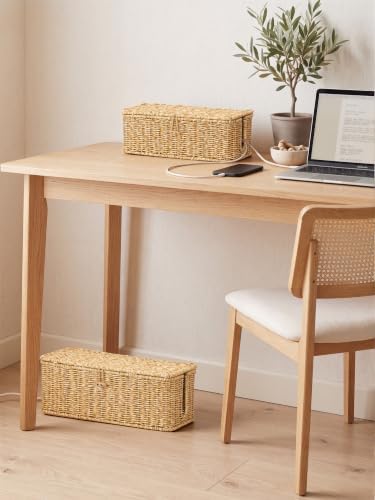 Cable Management Box, Cord Organizer with Lid & Cable Ties - Natural, M