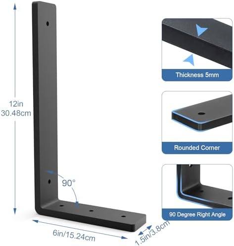 Heavy Duty Shelf Brackets, 6 Pack 12 Inch Black L Metal Shelving Brackets, 5mm Thick Rustic Shelf Support Bracket for DI