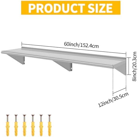 12" D x 60" W Stainless Steel Wall Mounted Shelves, Floating Shelving with Brackets, Commercial Shelf Perfect for Restau