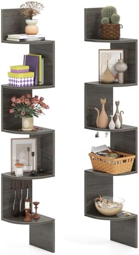 GOFLAME Corner Shelf Wall Mounted Set of 2, 5-Tier Floating Corner Bookshelf, Wood Plant Stand, Modern Floating Display 
