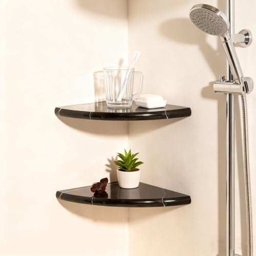 Lovdeco 2 Pcs Black Marble Corner Shelf, Nero Marquina Black Marble Corner Shower Shelf, Polished 9" Round Edge Corner S