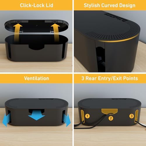 D-Line Cable Management Box, Power Strip Cover, Floor Outlet Hider, Desk Cord Organizer, Hide Extension Leads, 12.75" (L