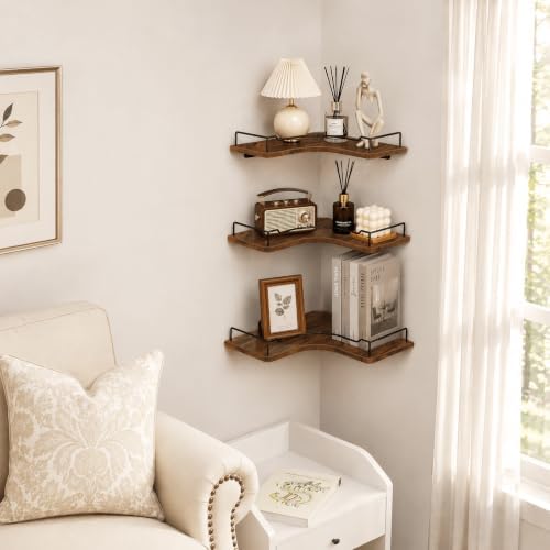 Homode L-Shaped Corner Floating Shelves Wall Mounted Set of 3, Rustic Brown