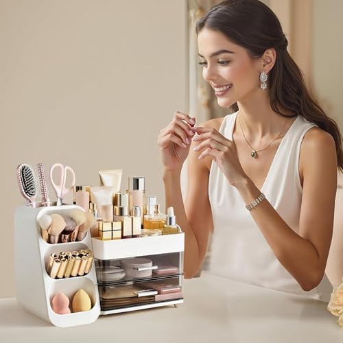 HBlife Makeup Organizer with Brush Holder for Vanity, Large Plastic Bathroom Countertop Organizer Skin Care Storage, Eas