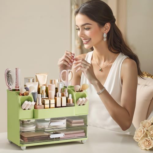 HBlife Makeup Organizer for Vanity with Brush Holder, Large Bathroom Countertop Cosmetic Organizer Skincare Storage, Eas